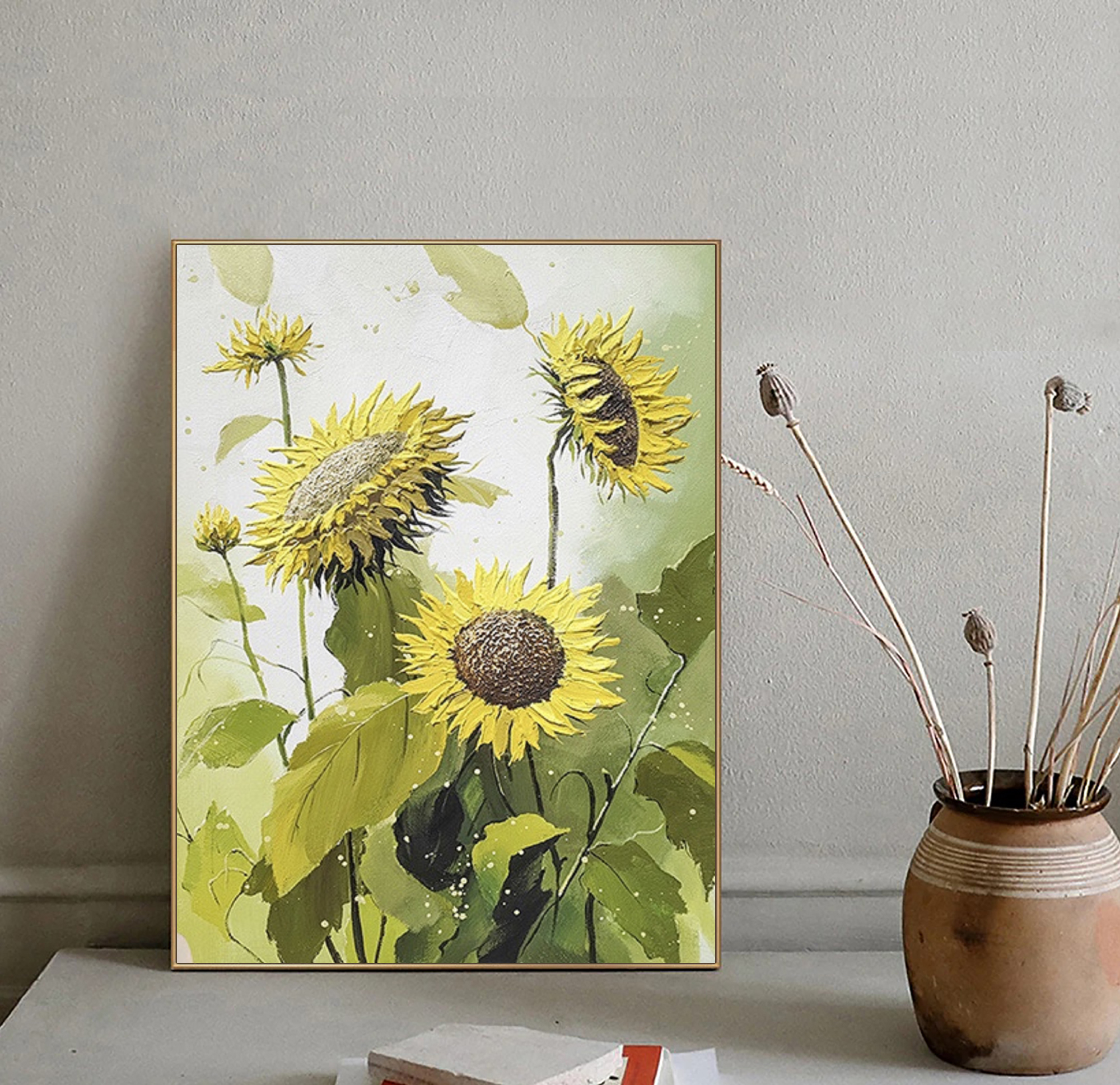 Large sunflower painting,flower painting wall art,sunflower landscape painting,sunflower textured painting,original flower oil painting