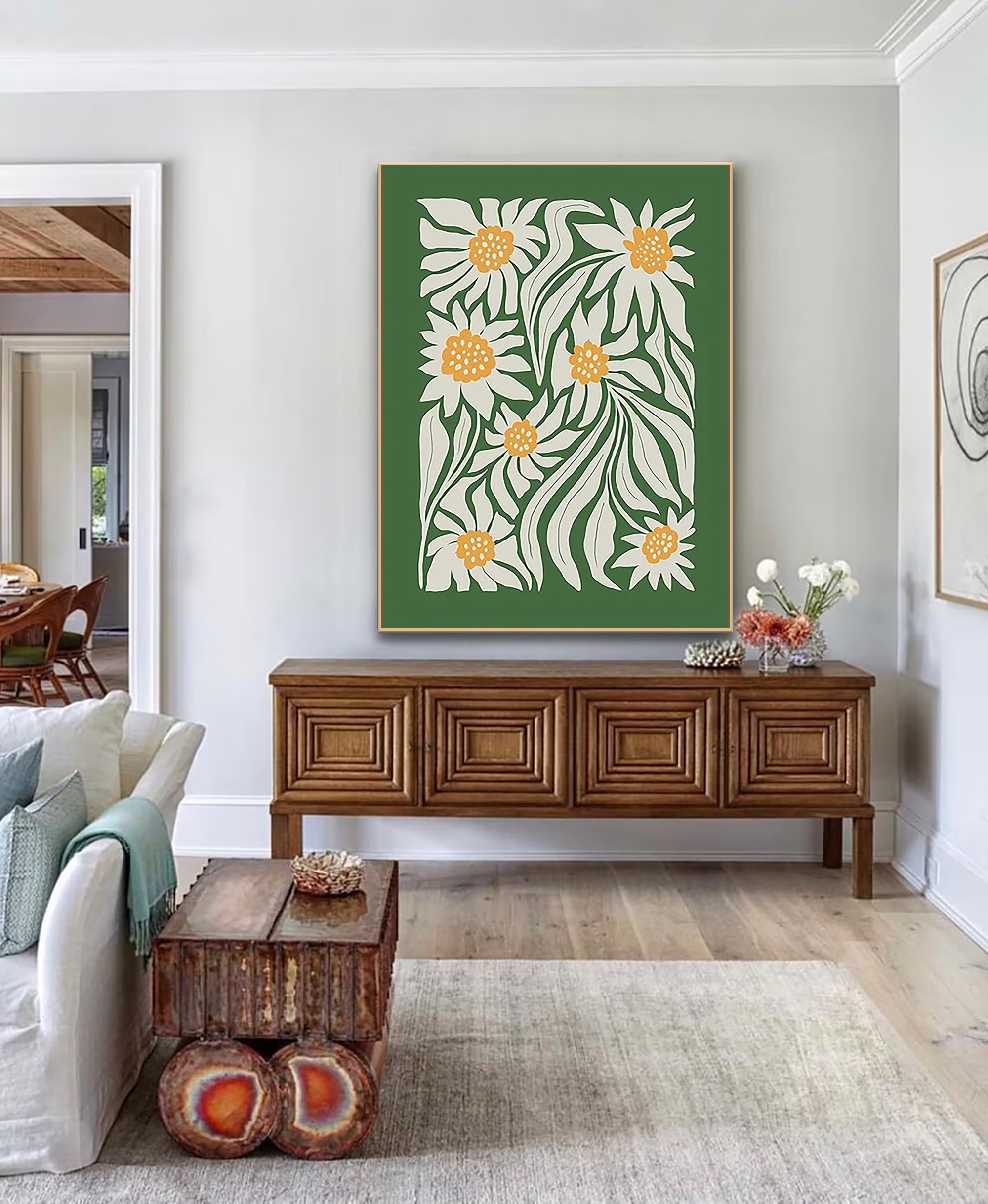 Abstract Flower Oil Painting on Canvas,Wabi Sabi Wall Art,Original plant landscape painting,Minimalist Painting,Grenn White Wall Art