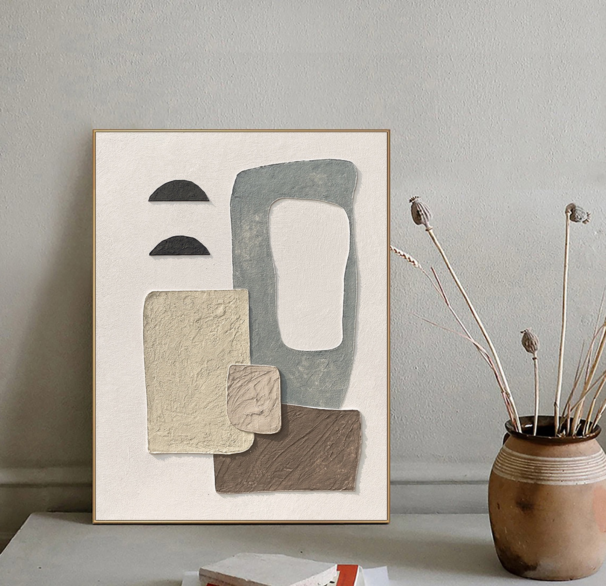 Large original textured abstract painting on canvas,beige and blue 3d textured wall art,wall decor painting,beige brown minimalist wall art for home decor