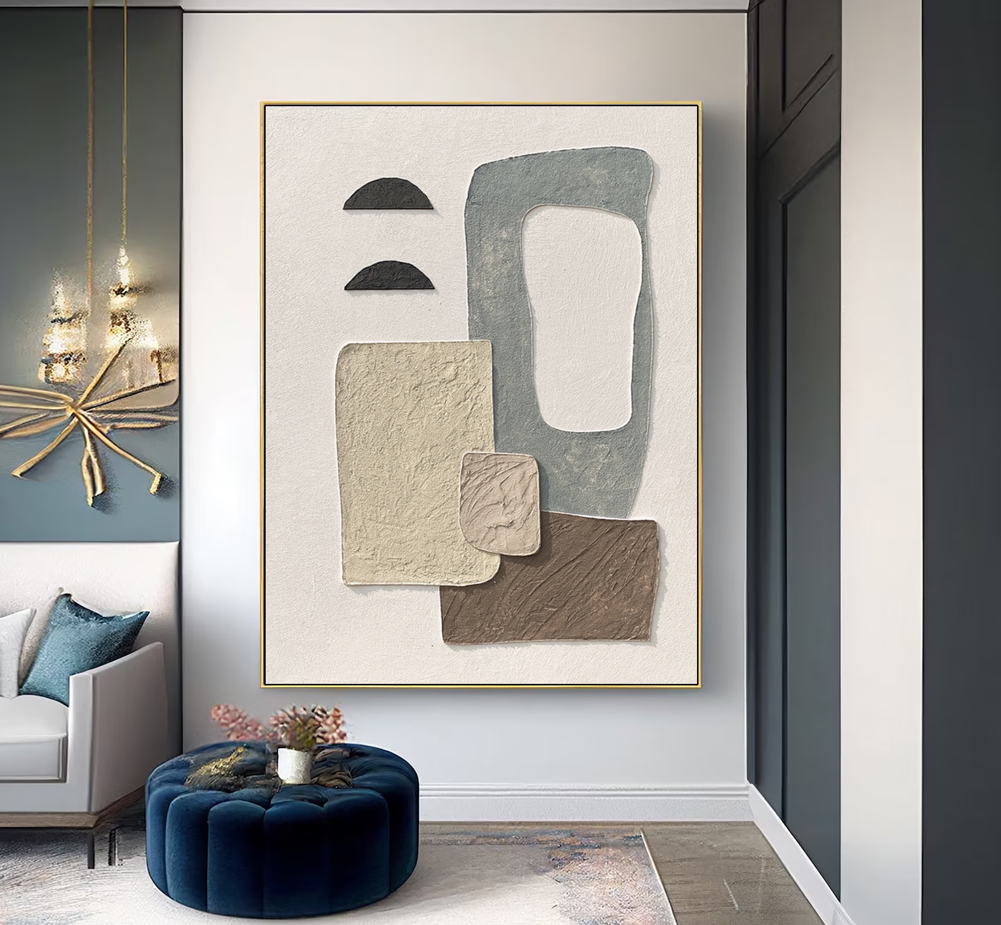 Large original textured abstract painting on canvas,beige and blue 3d textured wall art,wall decor painting,beige brown minimalist wall art for home decor