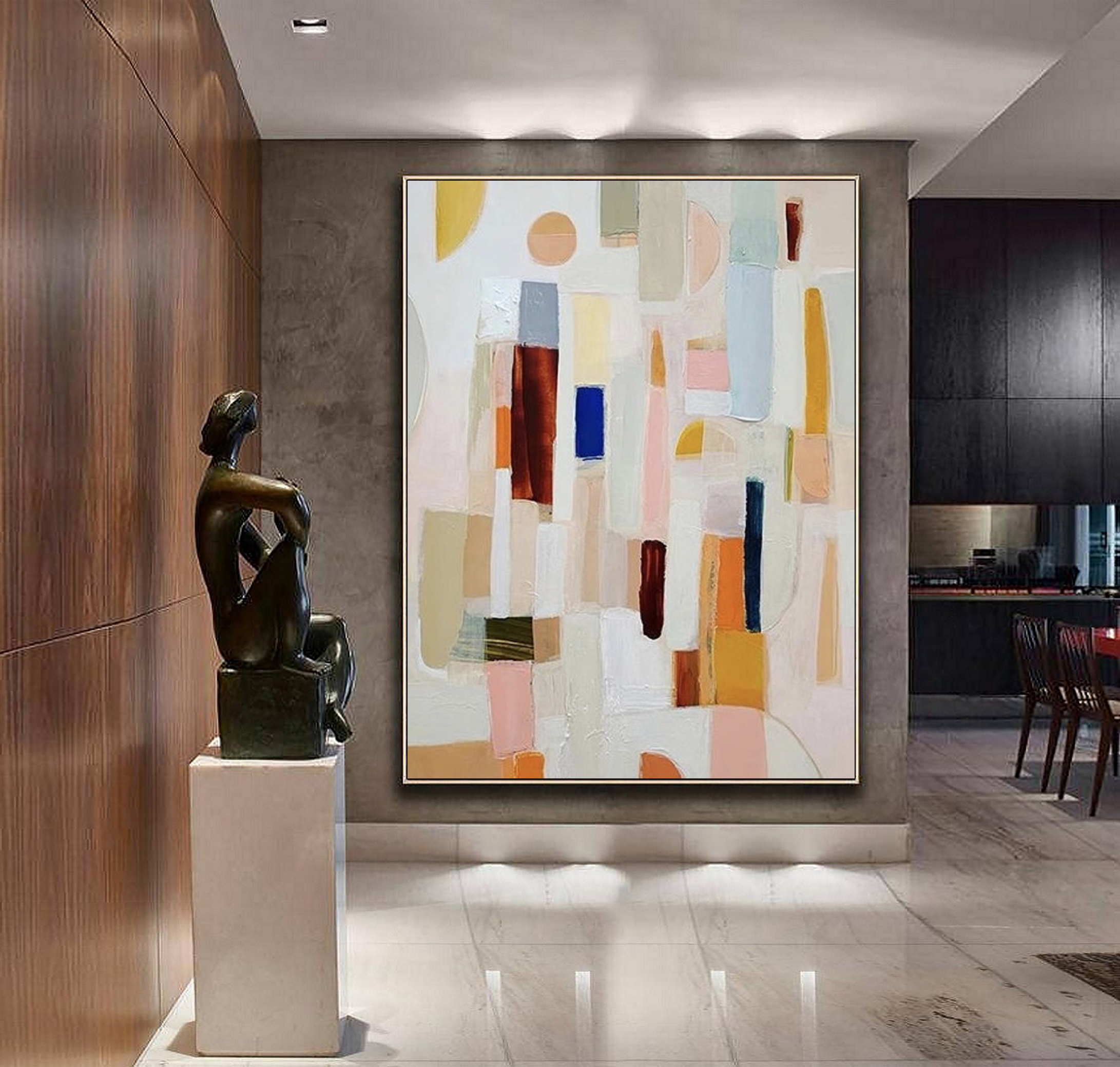 Neutral color abstract painting,large modern palette knife texture colorful abstract wall art,oversize framed oil painting,canvas artwork